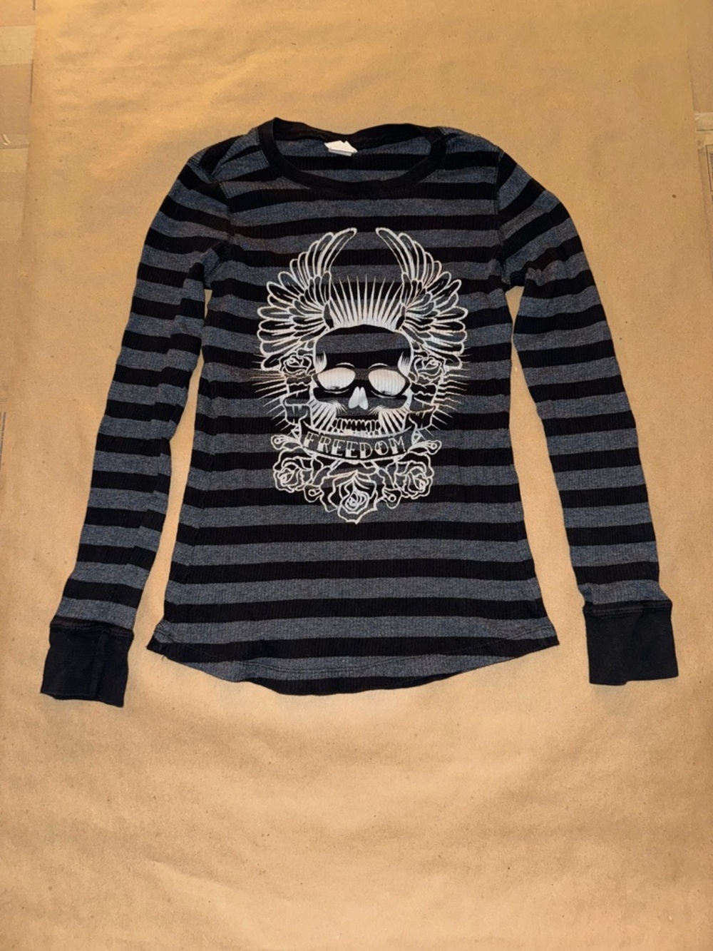 Blu Chic Y2K Black Graphic Striped Long-Sleeve Tee Skull And Roses Emo Grunge